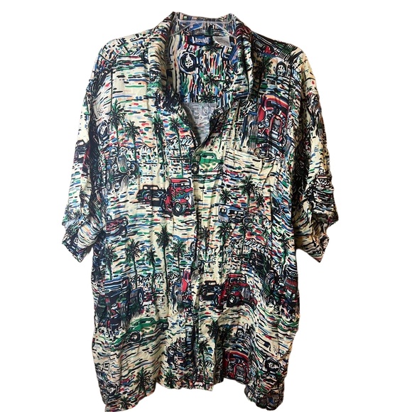 Laguna Colorful Print Cars Palm Trees Short Sleeve Button Up Hawaiian Shirt 3X - Picture 1 of 7